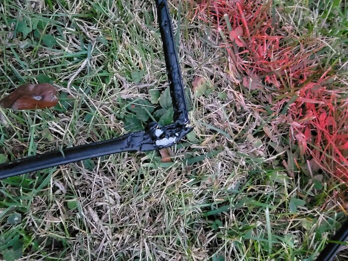 Broken black plastic frame on grass, showing damage likely caused by chaotic pets being a menace outdoors.