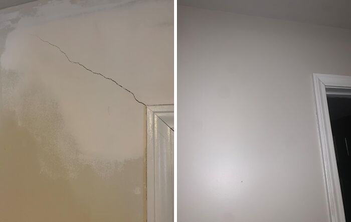 Before and after photo showing problem solvers under 15 dollars fixing a wall crack near a white door frame.