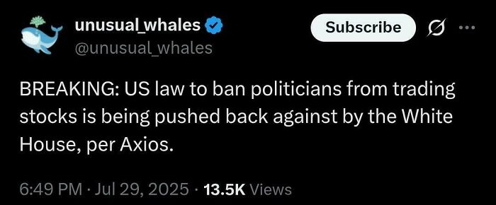 Screenshot of a tweet about US law on banning politicians from trading stocks, highlighting a failed attempt in legislation.