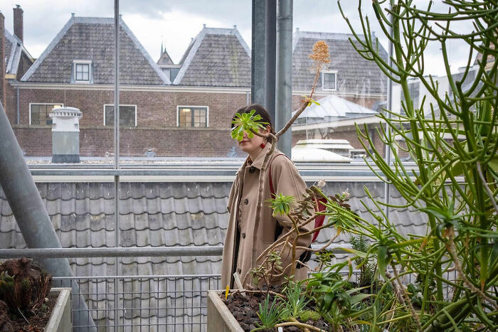 Person standing behind plants that align with their face, creating a funny accidental image by a street photographer.