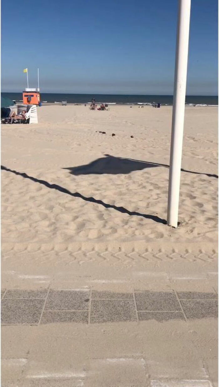 Shadow on the beach resembling a shark fin, a funny accidental image captured by a street photographer at the right time and place.