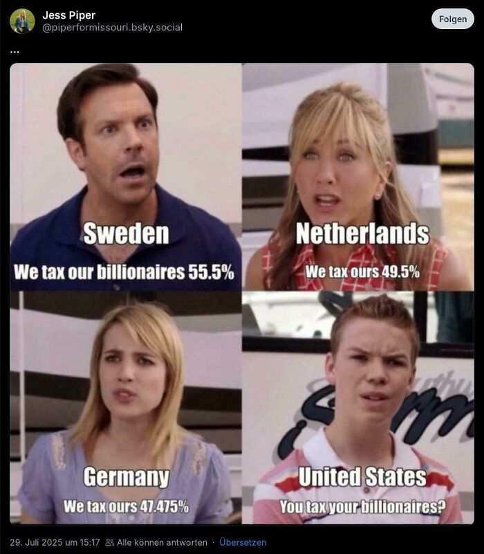 Meme showing different countries' billionaire tax rates highlighting bold tweet reactions from people worldwide.