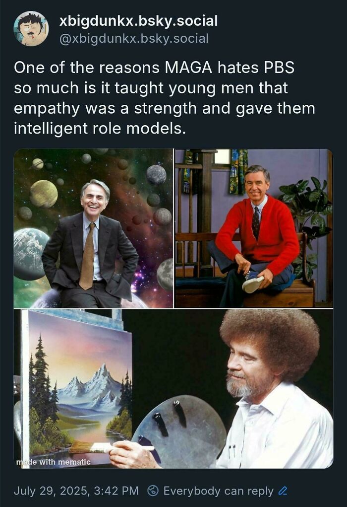 Tweet showing courage with images of PBS role models Carl Sagan, Mr. Rogers, and Bob Ross inspiring empathy and intelligence.