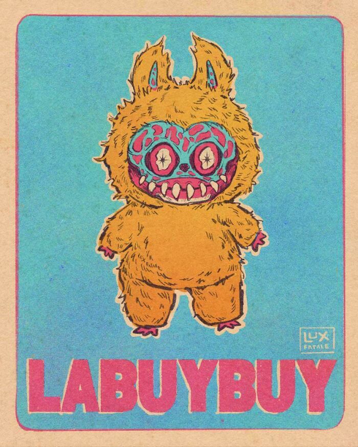 Colorful artwork of a surreal creature in a furry costume, highlighting dark themes of consumerism in art.