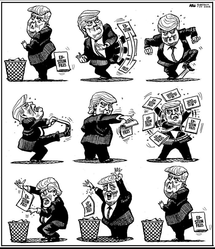 Cartoon series showing a man repeatedly failing to discard Epstein files, illustrating failed attempt moments.