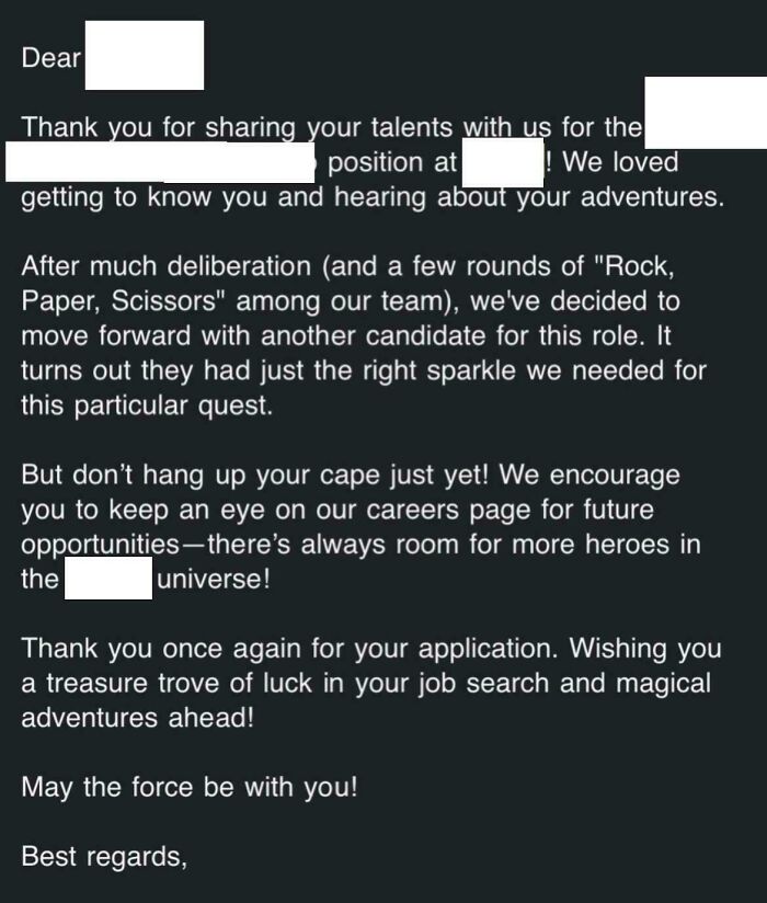 Rejection letter with unusual job requirements that made candidates nope out quickly in a humorous tone.