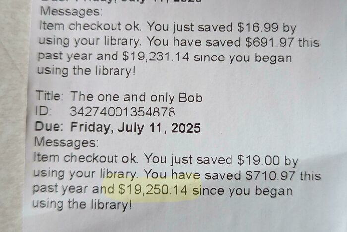 Library checkout receipt showing significant savings, illustrating consumerism impact and financial benefits of using free resources.