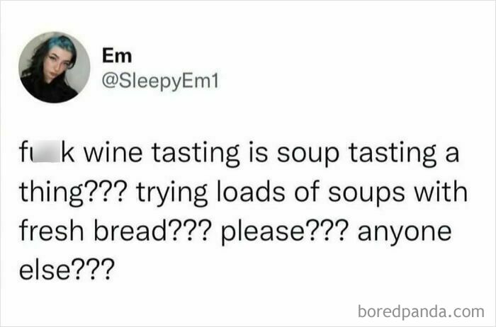 Social media meme about soup tasting vs wine tasting humor relatable for anyone around 30 years old.