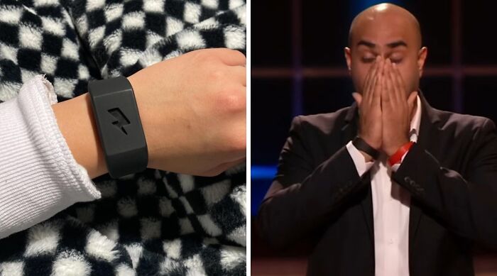 A person wearing a black fitness tracker on their wrist next to a Shark Tank contestant reacting emotionally during a pitch.