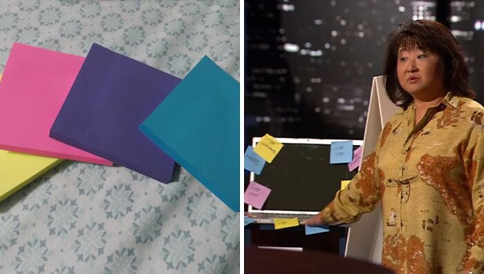 A woman presenting colorful sticky notes and a laptop covered in notes, illustrating Shark Tank wins and fails.