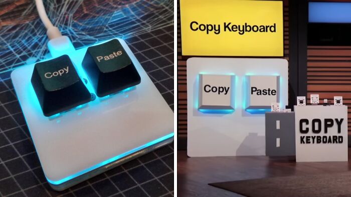 Copy and paste keys on a glowing keyboard and a Shark Tank display promoting a unique copy keyboard product.