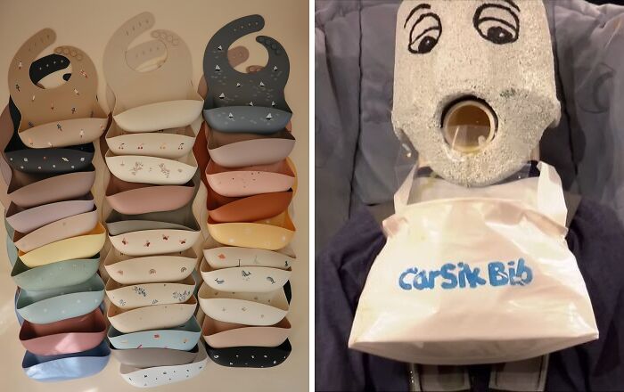 Silicone baby bibs in various colors stacked beside a mannequin wearing a bib with a makeshift mask representing Shark Tank wins and fails.