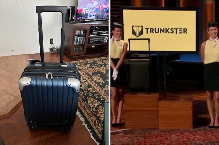Blue carry-on luggage with extended handle inside a home next to a Shark Tank presentation of Trunkster product.