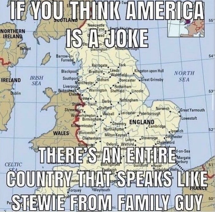 Map of the UK with meme text humorously comparing American and British accents, a funny meme about life in the UK.