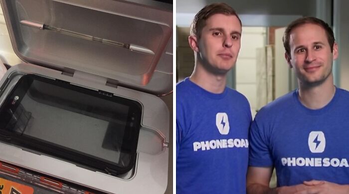 Two men wearing PhoneSoap shirts showcasing a smartphone sanitizer, a popular Shark Tank win and fail product.