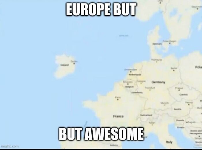 Map of Europe highlighting the UK with a humorous caption, reflecting funny memes about life in the UK.