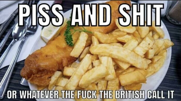 Plate of fish and chips with humorous text about British slang, illustrating funny memes about life in the UK.