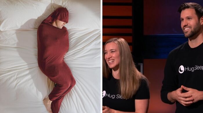 Two entrepreneurs presenting Hug Sleep products on Shark Tank in a segment about Shark Tank wins and fails.