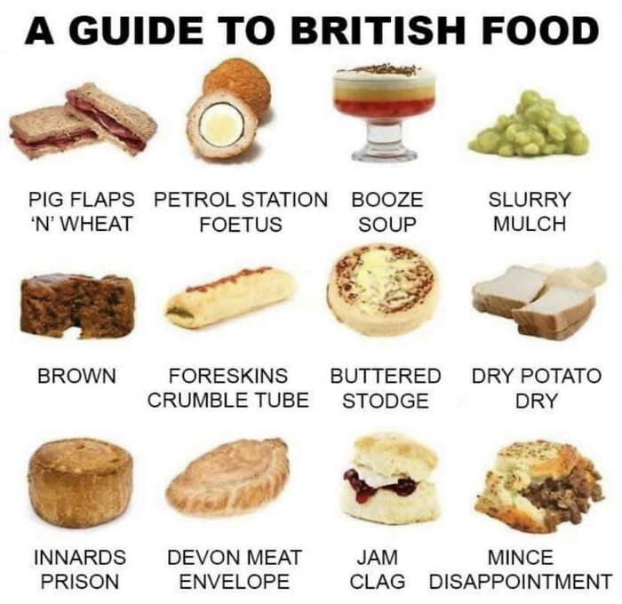Humorous guide to British food items with funny nicknames, illustrating life in the UK through memes.