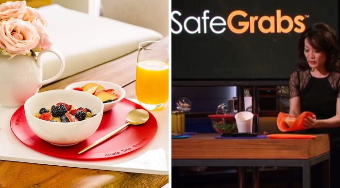 Split image showing a colorful fruit breakfast bowl on a red mat and a Shark Tank pitch for SafeGrabs product demonstration.