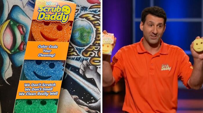 Scrub Daddy product and inventor presenting colorful smiley sponges, showcasing Shark Tank wins and fails in entrepreneurship.