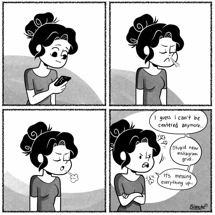 Black and white comic of a modern woman frustrated with changes in Instagram grid, capturing relatable moments for women.