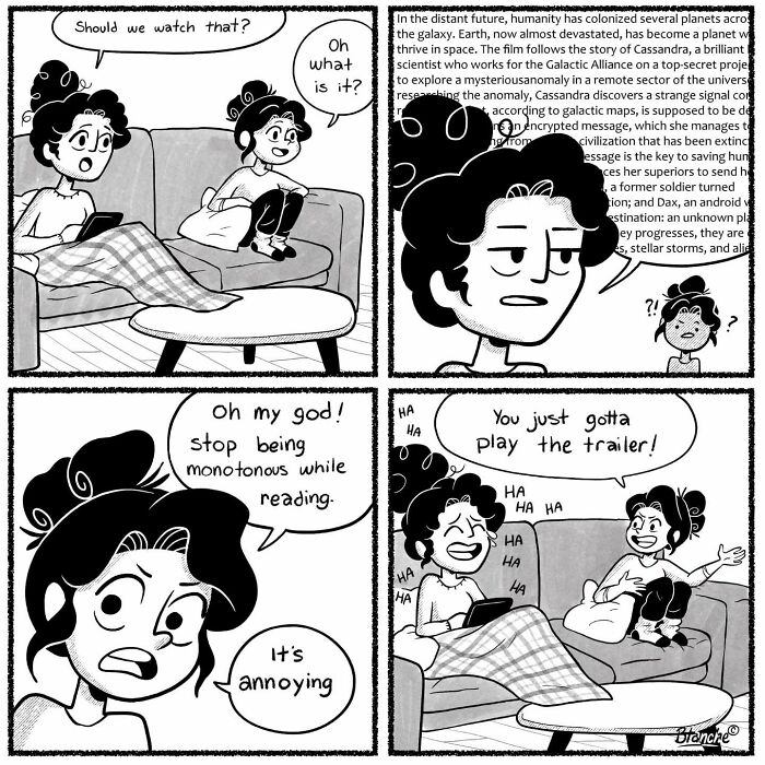 Black and white comic showing modern women’s relatable moments, highlighting humor in everyday conversations and interactions.