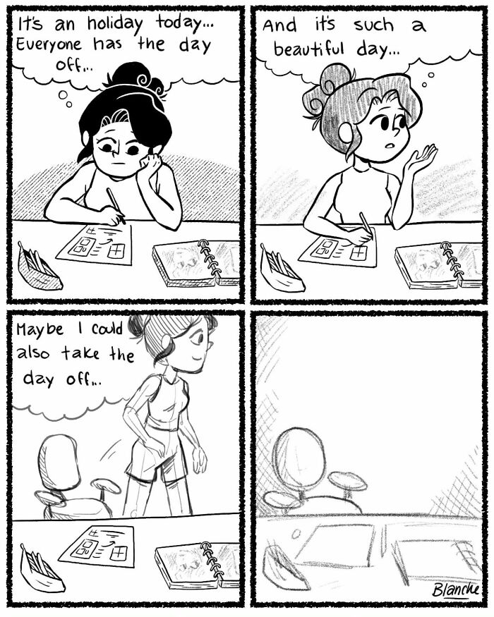 Black and white comic illustrating the relatable life of modern women taking a break from work on a holiday.