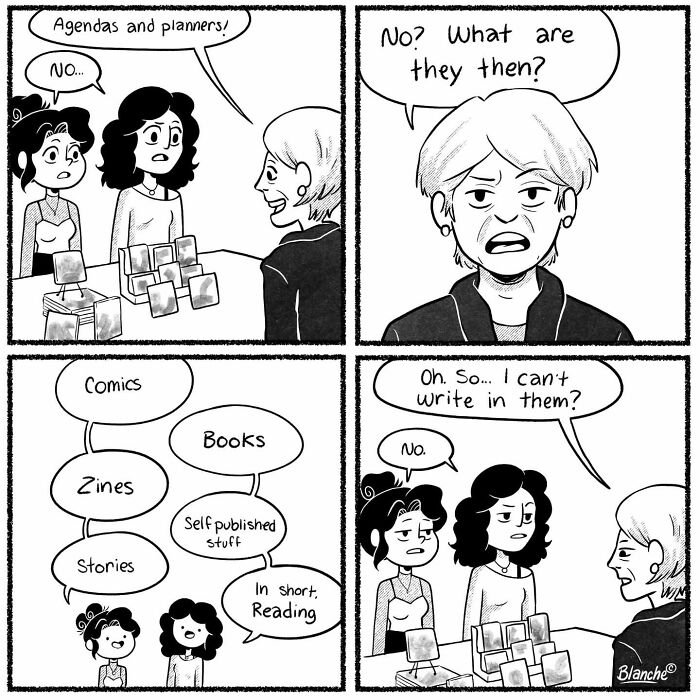 Black and white comic panels depicting modern women humorously discussing agendas, planners, and reading materials.
