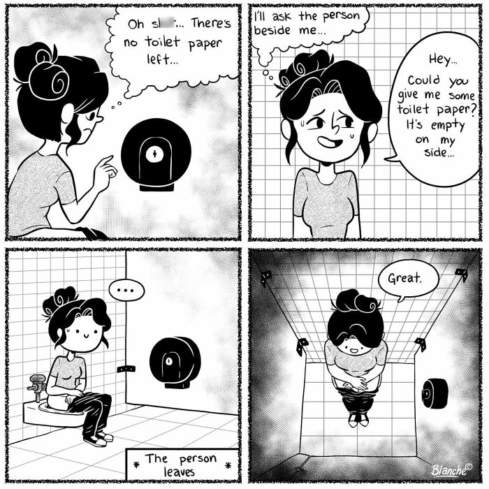 Black and white comic showing modern woman’s relatable bathroom struggle with no toilet paper in a humorous style.