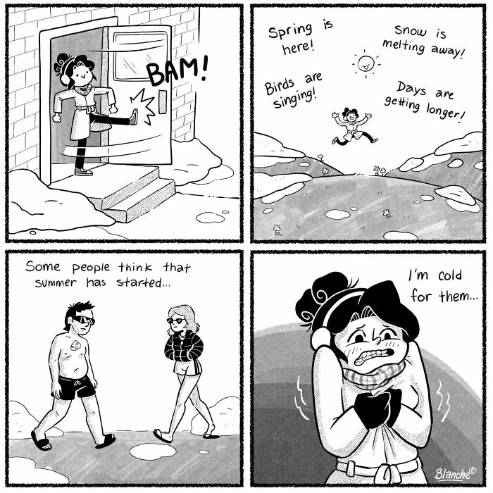 Comic artist humorously depicts life of modern women dealing with changing seasons, feeling cold while others enjoy summer.