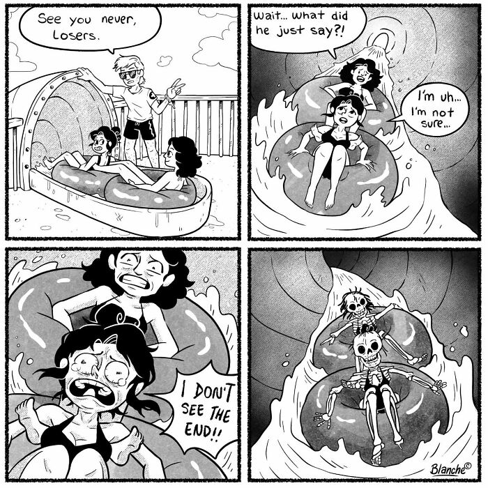 Black and white comic panels humorously depicting the life of modern women on a water slide turning into skeletons.