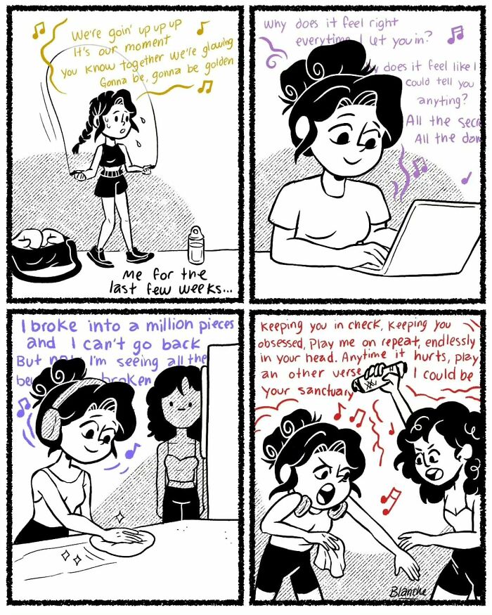 Comic panels showing a modern woman relatable moments, from exercising to working and socializing, in a humorous style.