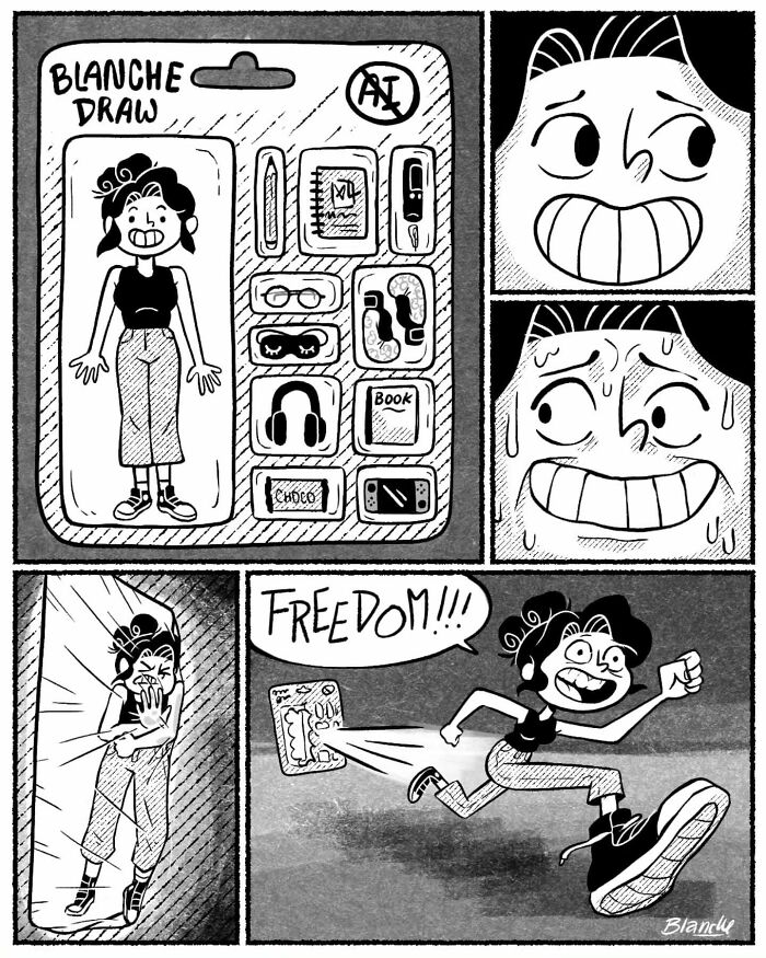 Comic artist humorously illustrates the life of modern women with relatable and funny everyday moments in black and white art.