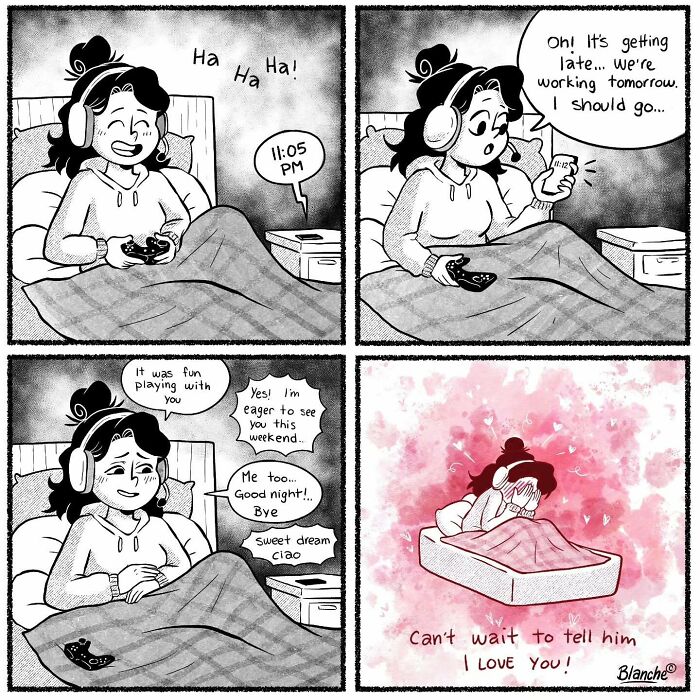 Comic of a modern woman playing video games late at night, depicting relatable moments of love and daily life.