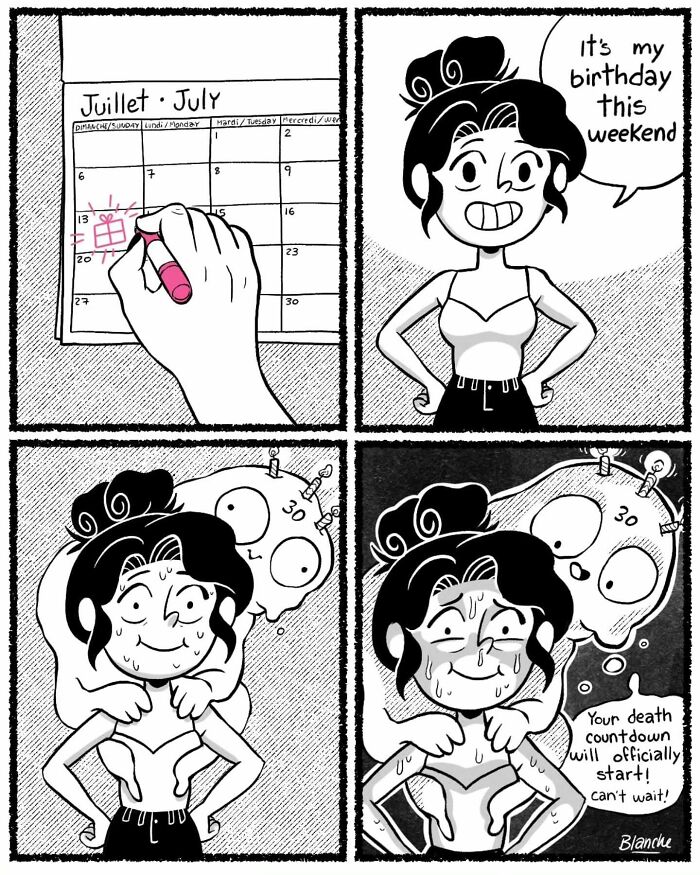 Comic panels showing a modern woman marking her birthday on a calendar, humorously facing a death countdown reminder.