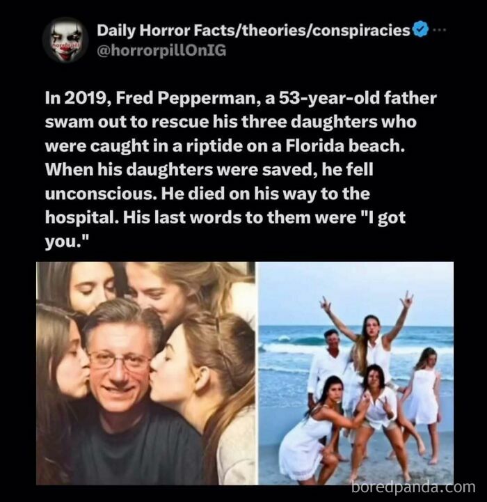 Man rescued daughters from riptide but died, featured in unsettling images from the horror pill online group.