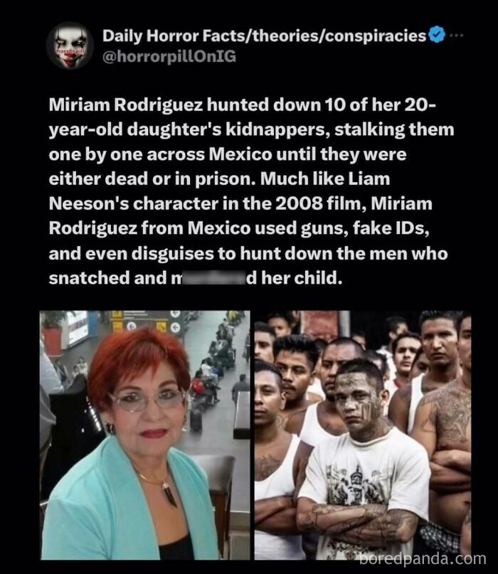 Miriam Rodriguez’s revenge story and men involved in crime, featured among unsettling images from horror pill online group.