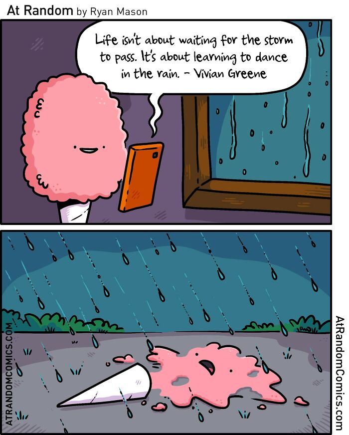 Comic by Ryan Mason showing a cotton candy character humorously struggling with rain in a darkly hilarious style.