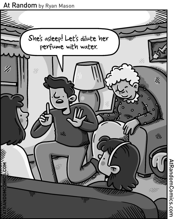 Black and white comic by Ryan Mason showing a man planning to dilute perfume in a darkly hilarious humorous scene.