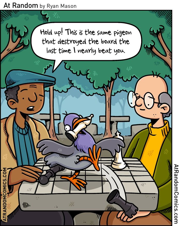 Two men playing chess outdoors with a pigeon knocking over pieces in a darkly hilarious comic by Ryan Mason.