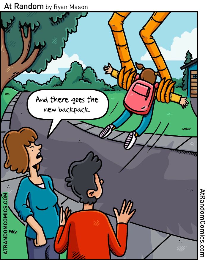 Comic by Ryan Mason showing a person being grabbed by large mechanical arms, with a focus on darkly hilarious humor and weirdness.