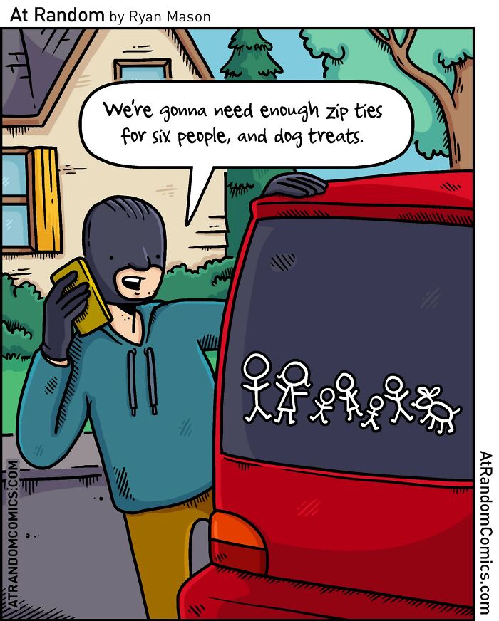 Man in a mask talking on the phone next to a car with stick figure family decals in a darkly hilarious comic.