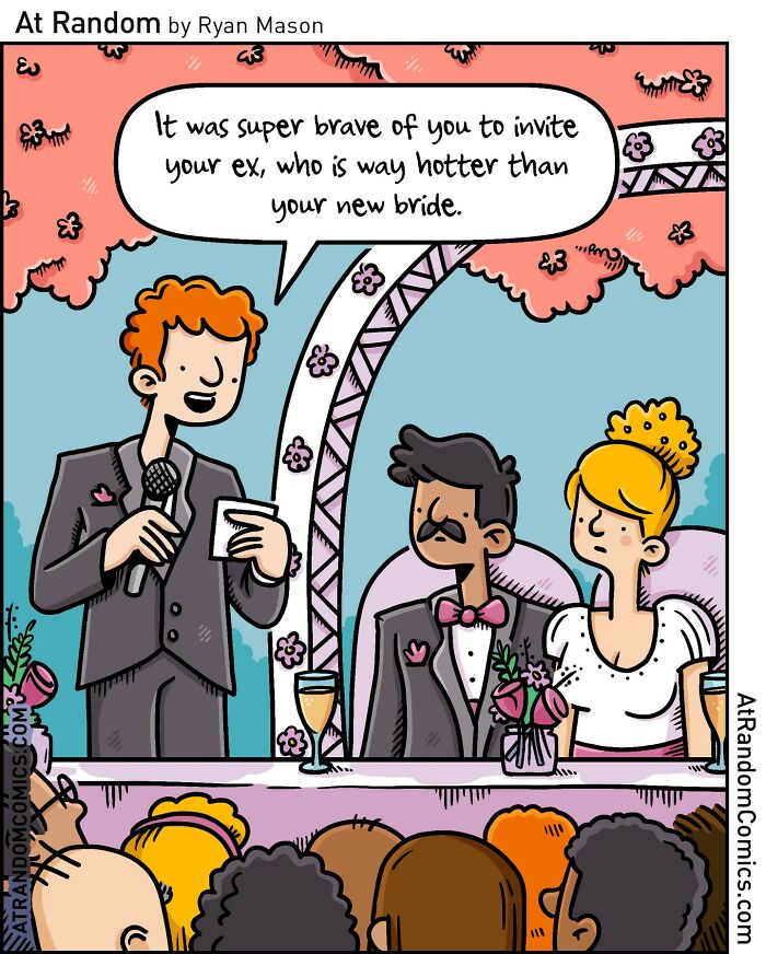Cartoon of a wedding speech with darkly hilarious humor blending weirdness and wit in Ryan Mason’s comic style.