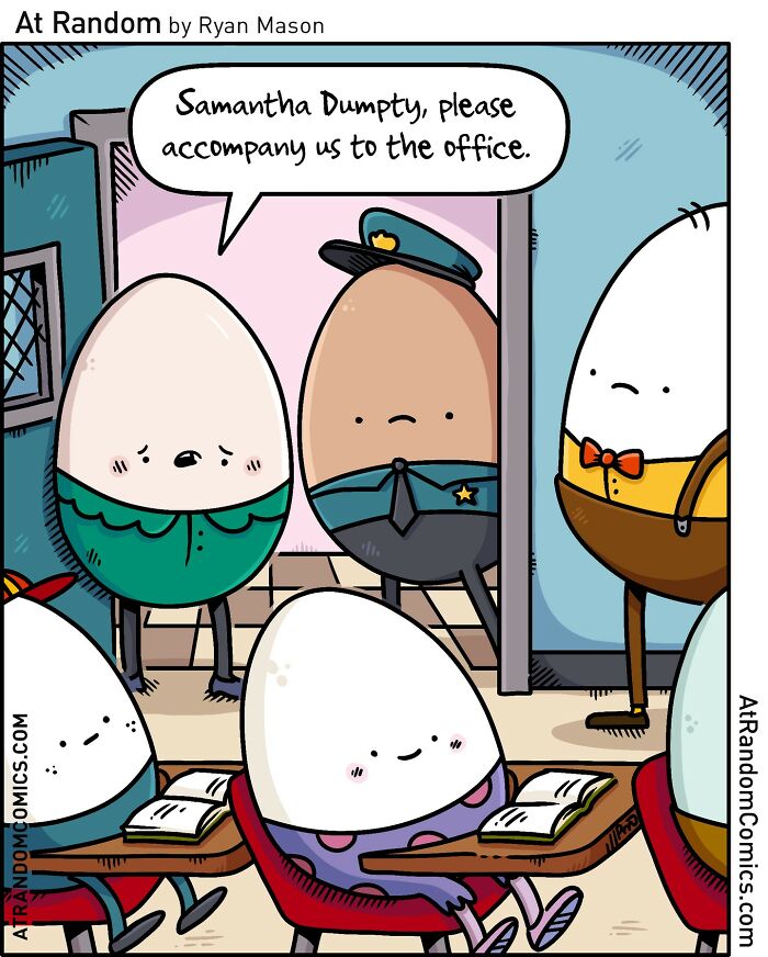 Darkly hilarious comic by Ryan Mason featuring egg characters in a weird and humorous school setting with police involvement.