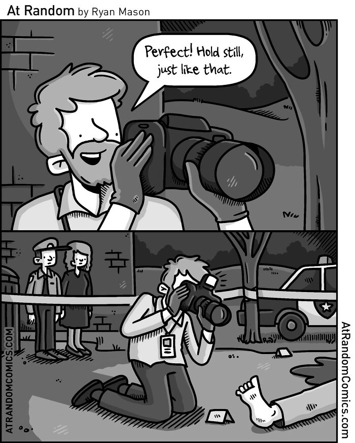 Black and white comic by Ryan Mason showing a photographer capturing a crime scene with humor and weirdness.