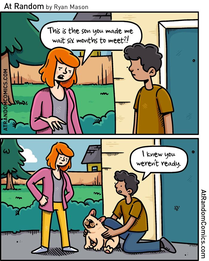 Comic by Ryan Mason showing a darkly hilarious and weird humor scene with a woman, man, and a small dog.