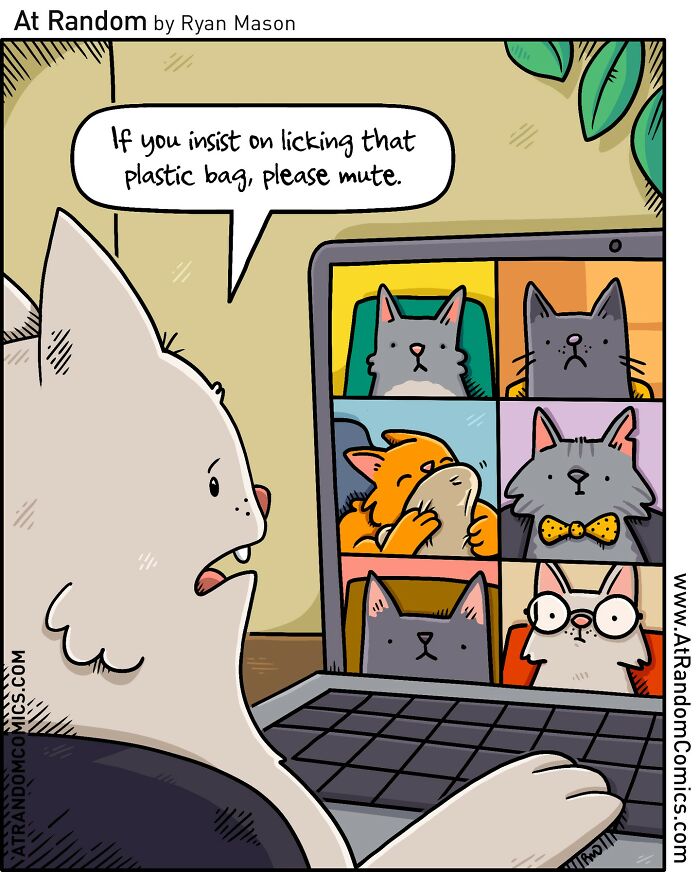 Comic by Ryan Mason showing cats in a virtual meeting, blending humor and weirdness in darkly hilarious style.