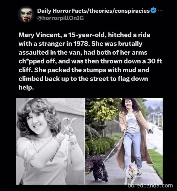 Images of Mary Vincent showcasing her courage and recovery, featured in unsettling horror pill online group posts.