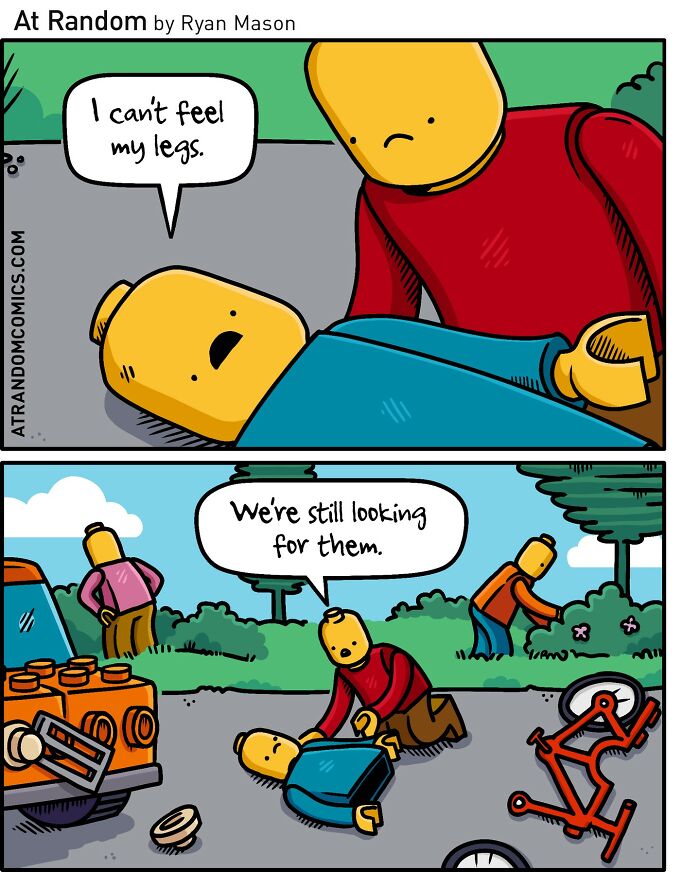 Comic panels showing Lego-style characters humorously searching for missing legs, blending dark humor and weirdness by Ryan Mason.